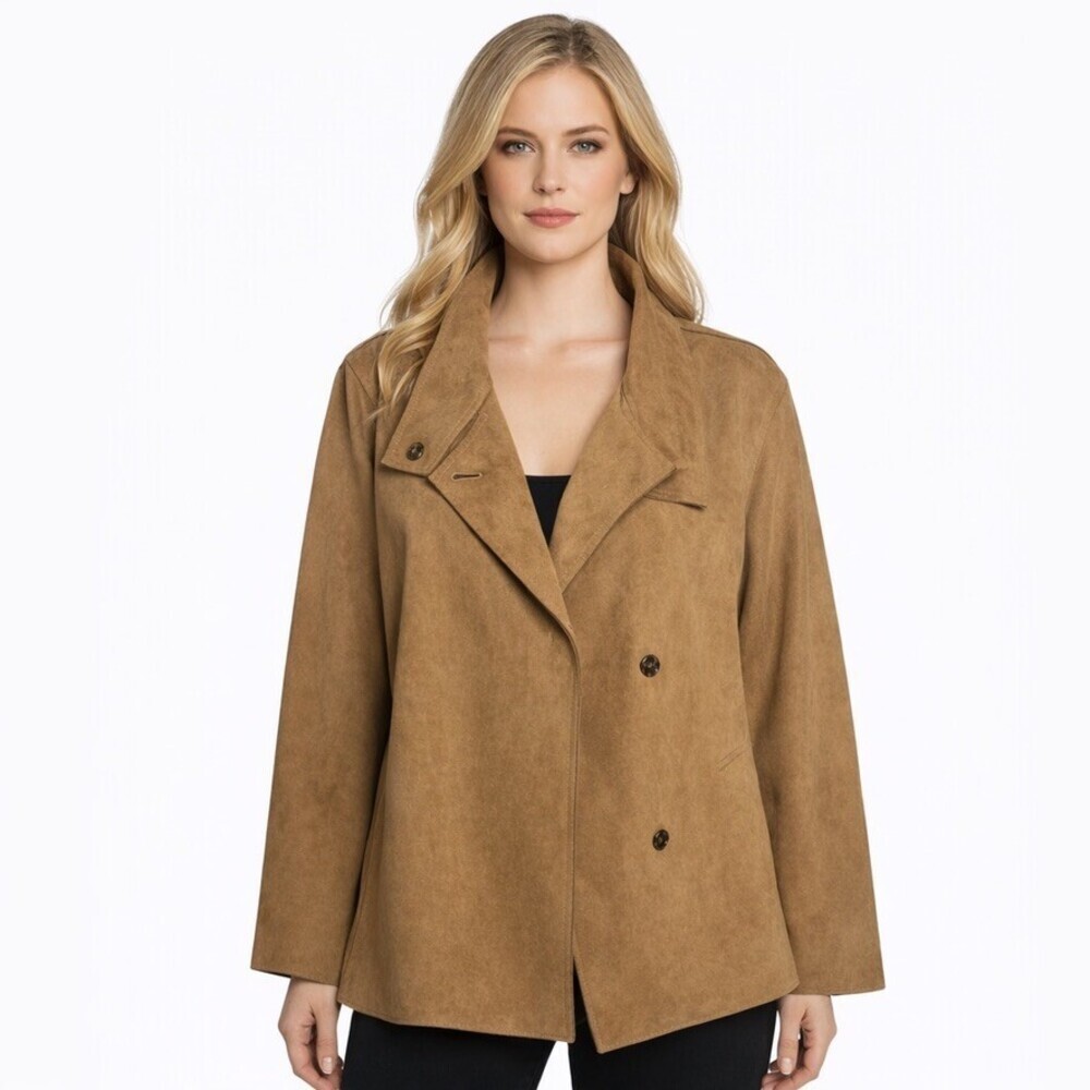 Marina Rinaldi Faux Suede Jacket L Large Camel Brown Snap Front Boxy size large